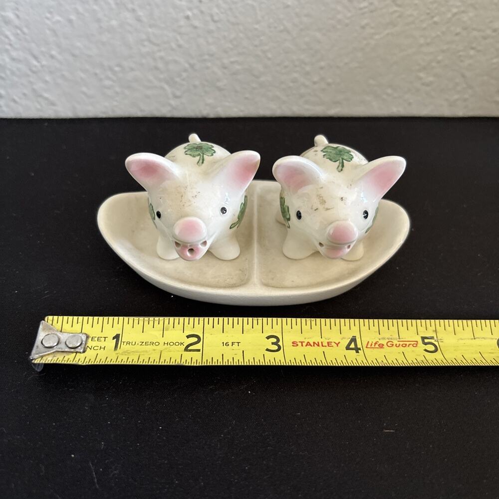 Vintage Goebel Porcelain Cloverleaf Pig Salt & Pepper Shakers On Tray W-Germany
